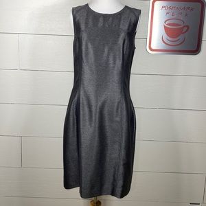 Calvin Klein sleeveless, metallic grey, sheath dress, workwear, boardroom